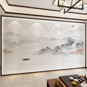 2024新款中式客厅沙发电视背景墙画壁纸影视墙布素雅山水壁画壁布