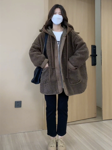 夹棉加厚羊羔毛外套女2024年冬季新款韩版宽松中长款棉服连帽上衣