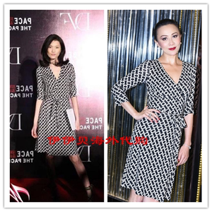 正品代购 DVF 经典黑白锁链针织真丝裹身连衣裙 现货