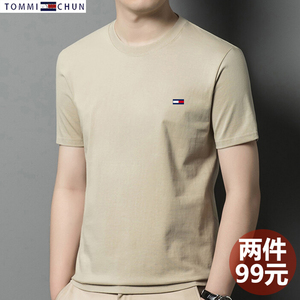 【两件99元】Tommy汤米纯棉夏季男士短袖体恤圆领半袖时尚休闲T恤