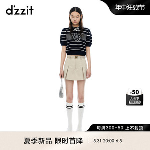 dzzit地素短袖针织衫2024夏季新款条纹刺绣套头毛衣女