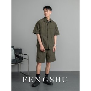 FENGSHU夏季新款短袖衬衫上衣两件套薄款风衣宽松复古短裤套装男