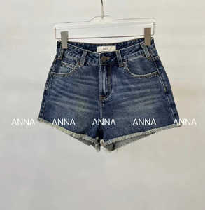ANNA2024夏季新款时尚休闲简约高腰显瘦个性毛边宽腿牛仔短裤女