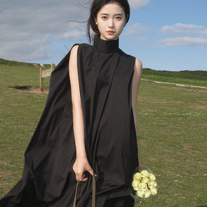 法式赫本风黑色高领无袖遮肚连衣裙女夏季小众高级感宽松显瘦长裙