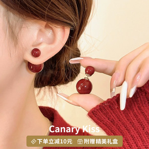复古双面红色大小珍珠耳钉女轻奢小众设计感高级耳环新年风耳饰品