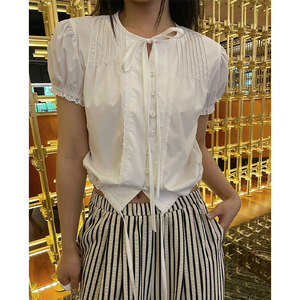白色时尚泡泡袖衬衫女设计感小众韩版高级感花边系带潮流短袖上衣