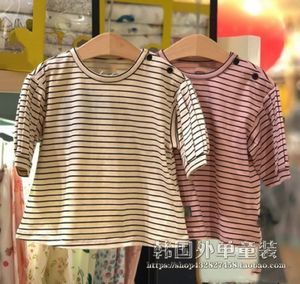 韩国网红女童装夏装新款小雨伞时髦洋气宝宝条纹泡泡五分短袖T恤