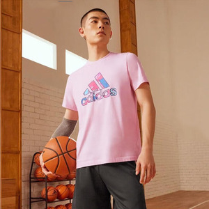 Adidas阿迪达斯粉色篮球短袖男夏季新款透气运动服宽松T恤衫半袖