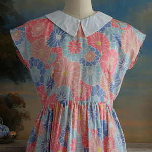【唐风东渐】昭和散步裙复古浮世绘大花朵粉色蓝色短袖白领连衣裙