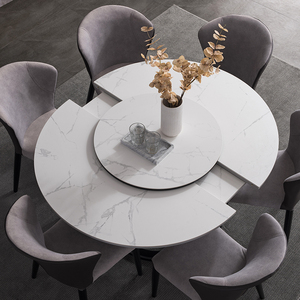 北欧岩板餐桌家用可变圆形桌大小户型伸缩折叠多功能转盘实木饭桌