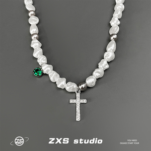 ZXS Necklace绿宝石不规则珍珠项链嘻哈镶钻十字架男女款锁骨链潮