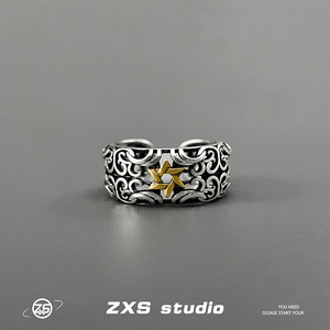 ZXS欧美复古镂空六芒星戒指男潮嘻哈街头个性开口可调节食指环女