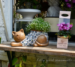创意小猫咪花盆青花图案庭院摆件阳台花园可爱动物造景装饰品布置