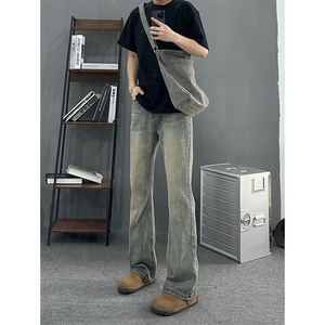 美式复古蓝牛仔裤男夏季薄款高个子加长裤子修身显瘦直筒微喇长裤
