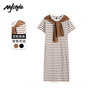 MJstyle22年夏季新款水手领条纹围巾短袖温柔风连衣裙-