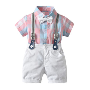 男宝宝小西装夏季短袖帅气格子背带套装花童小童婴儿周岁生日礼服