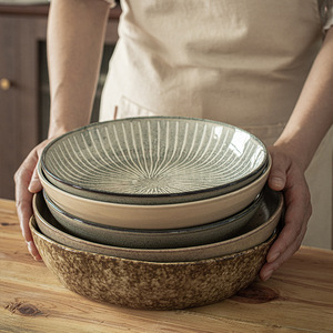 出口日本外贸尾单日系风圆形碗手工复古陶瓷菜碗家用盘子餐具碗碟