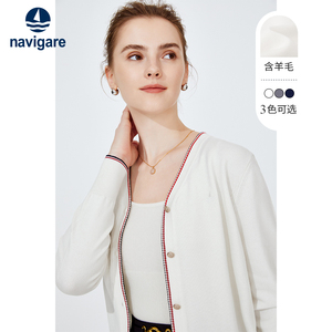 [羊毛]Navigare意大利小帆船白色休闲毛衣外套女春季V领针织开衫