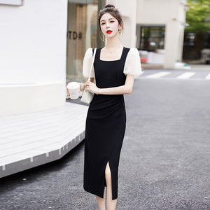 法式时尚修身显瘦欧根纱泡泡袖拼接黑色连衣裙2024新款气质裙子女