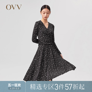 OVV春夏热卖女装弹力针织面料印花V领优雅收腰长袖连衣裙