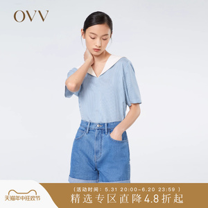 【重磅真丝】OVV春夏热卖女装元气海军领条纹短袖衬衫上衣