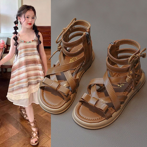 女童罗马凉鞋绑带英伦风夏季鞋子2024新款儿童高帮复古鞋子小女孩