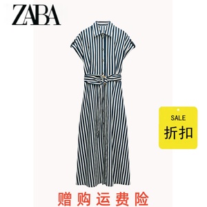 ZA女装 夏季新品卷边短袖亚麻条纹系腰带短袖迷笛连衣裙 2783775