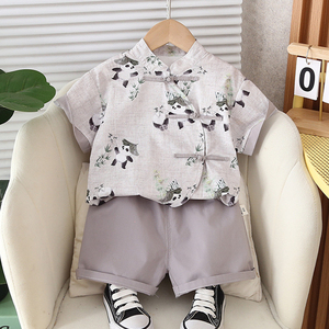 婴儿衣服时髦帅气中国风短袖开衫分体套装6七8九个月男女宝宝夏装