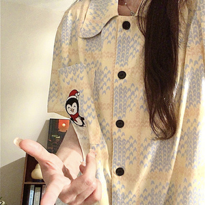 日系ins风麦穗企鹅可爱睡衣女夏季天卡通短袖甜美纯棉家居服套装