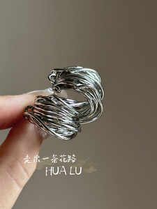 HUALU-多层线条~金属几何银色C形耳环高级感独特耳饰蚊香盘耳夹