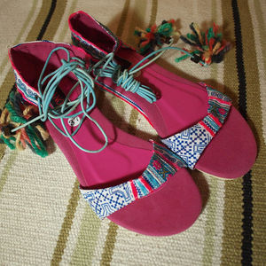 vintage古着 泰国带回 手工鞋 刺绣 棉布异国风情绕踝凉鞋XIE1