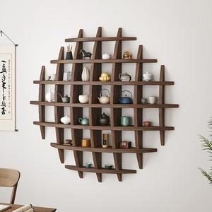 实木中式壁挂圆形博古架墙壁挂墙上书架格子柜茶架子茶具置物架