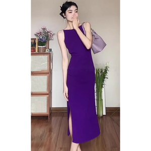 高端精致紫色无袖连衣裙2024新款轻职业通勤女装修身显瘦气质裙子