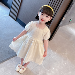 女童连衣裙2024夏季新款纯棉短袖裙子洋气宝宝薄款夏装蕾丝公主裙