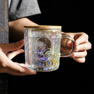 梵智   创意浮雕美人鱼玻璃杯马克杯 炫彩带盖玻璃茶杯果汁杯水杯