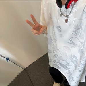 新中式中国风丝绸缎面提花纹龙冰丝T恤男夏季七分袖居家睡衣短袖