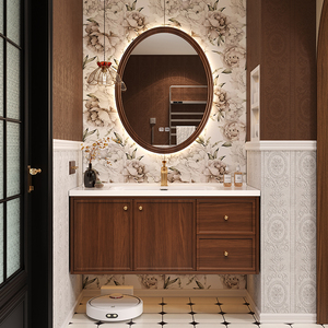2024新款胡桃木色可丽耐岩板一体盆浴室柜新中式橡木烤漆卫浴柜