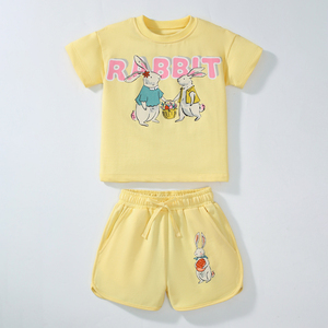 女童黄色短袖T恤上衣兔子卫裤两件套宝宝运动服套装儿童夏装短裤2
