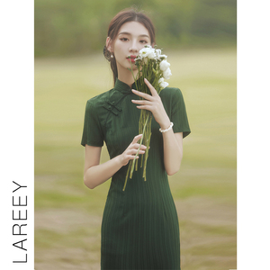 LAREEY老上海新中式墨绿色送考旗袍显白气质2024年新款夏季小个子