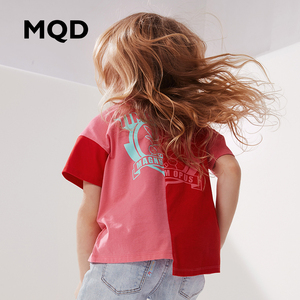 MQD童装女童短袖T恤2019夏装新款儿童鸳鸯拼接撞色宽松圆领T恤女