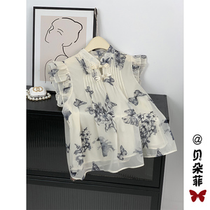 新中式国风水墨画雪纺短袖上衣女装夏季碎花小衫高级感飞飞袖衬衫