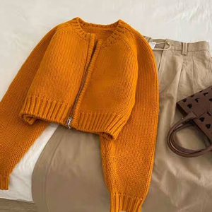 南瓜橘色短款毛衣外套女春秋美式复古宽松外穿小个子拉链针织开衫