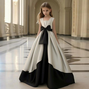 女童礼服2024新款高端儿童公主裙缎面钢琴演出服中大童长裙黑白色