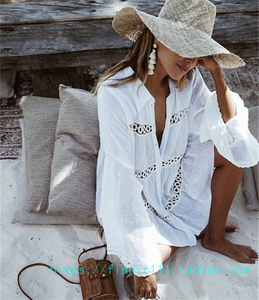 棉质清爽白色连衣裙 立领镂空深V喇叭袖衬衣沙滩度假比基尼外罩衫