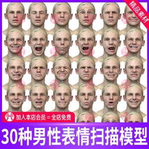 30种欧洲男性人脸表情扫描模型OBJ格式喜怒哀乐张嘴嘲笑表情模型