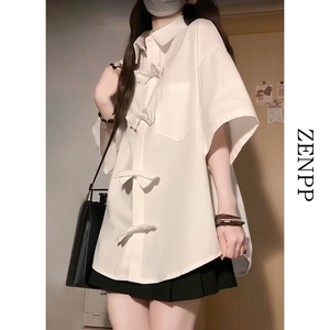 新中式国风白色蝴蝶结短袖衬衫女夏季百褶裙搭配的半袖上衣慵懒风