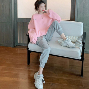 运动休闲套装女秋冬2022新款韩版宽松洋气减龄粉色加绒卫衣两件套