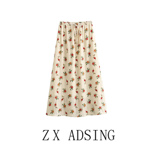 ZX欧美风 ADS女装夏季新款时尚复古花纹田园风玫瑰印花抽绳半身裙