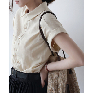 法式棉麻短袖衬衫女夏季宽松亚麻衬衣小个子职业通勤Polo领上衣潮