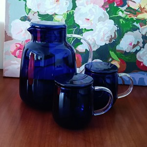 零极限制作太阳水蓝色玻璃水杯水壶耐高温大容量带把水壶茶壶